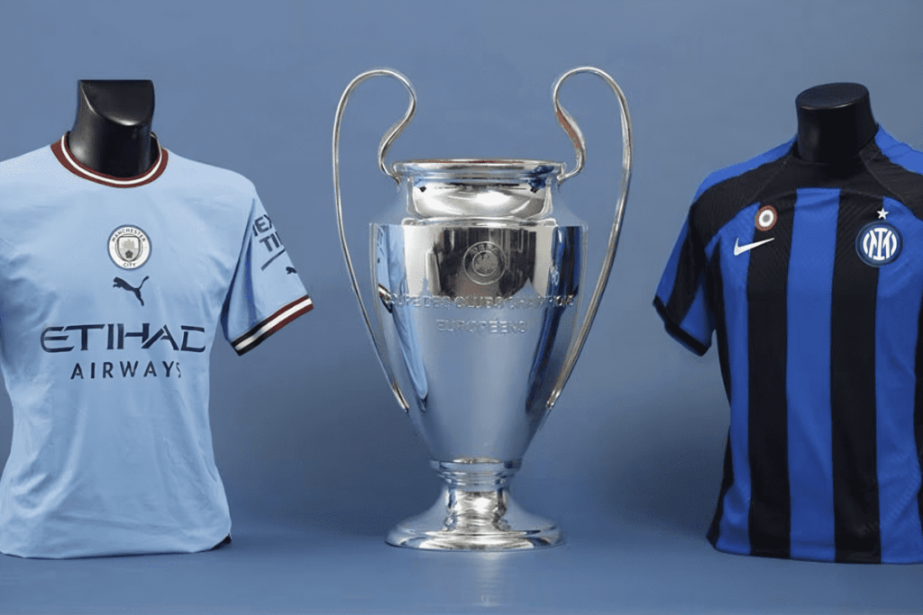 Maillots de Manchester City et Inter Milan de part et d'autre du trophée de la Finale de la Champions League, symbole du match LDC décisif à venir.
