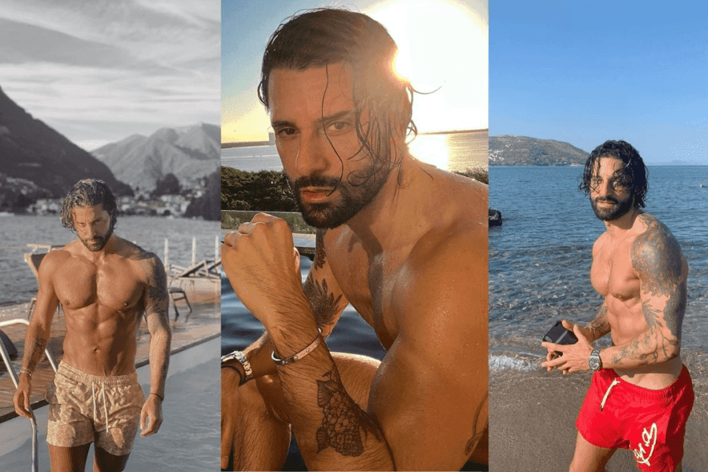 Hugo Manos, exhibant fièrement ses muscles bien dessinés dans un collage de trois photos capturées sur une plage ensoleillée