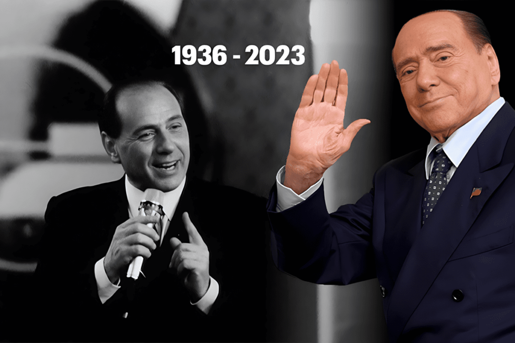Deux images marquantes illustrant l'évolution de Silvio Berlusconi depuis ses débuts en politique jusqu'à sa mort récente, un témoignage visuel poignant de sa transformation en tant que Premier ministre.