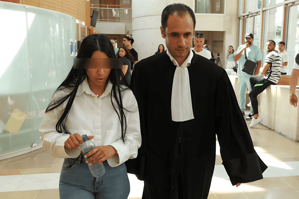 Épouse de Mohamed Haouas, victime de violence conjugale, quittant le tribunal avec son avocat après la condamnation de son mari